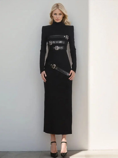 Women's Black Buckle-Strap High-Neck Maxi Dress - front studio view (1 of 5)