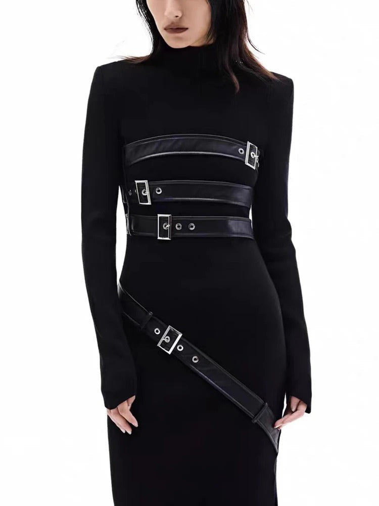 Black Buckle-Strap High-Neck Maxi Dress