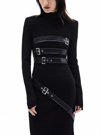 Black Buckle-Strap High-Neck Maxi Dress