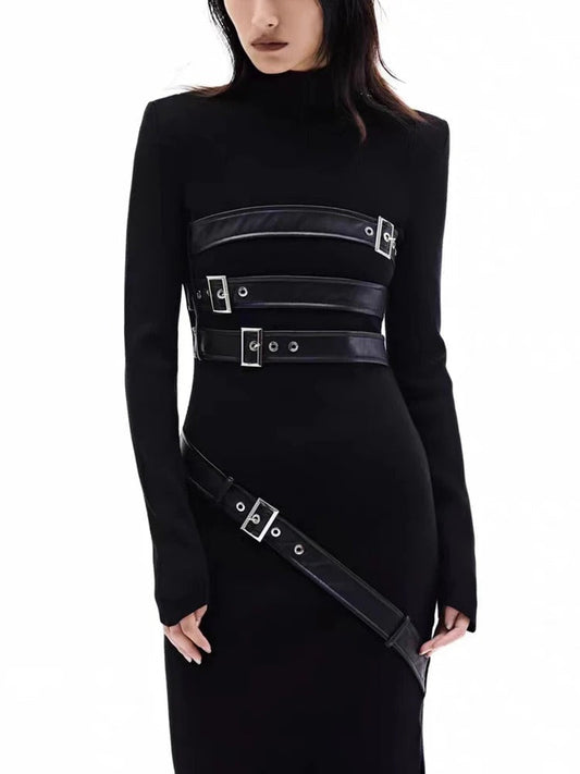 Black Buckle-Strap High-Neck Maxi Dress