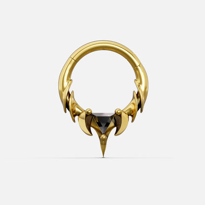 Gold-tone Keystone Ridge Clicker hoop featuring clawed talon design and dark triangular gem, front view