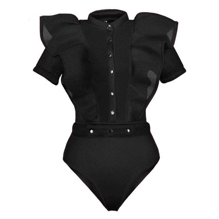 Women's Black Mesh-Ruffle Mock-Neck Bodysuit - front studio view