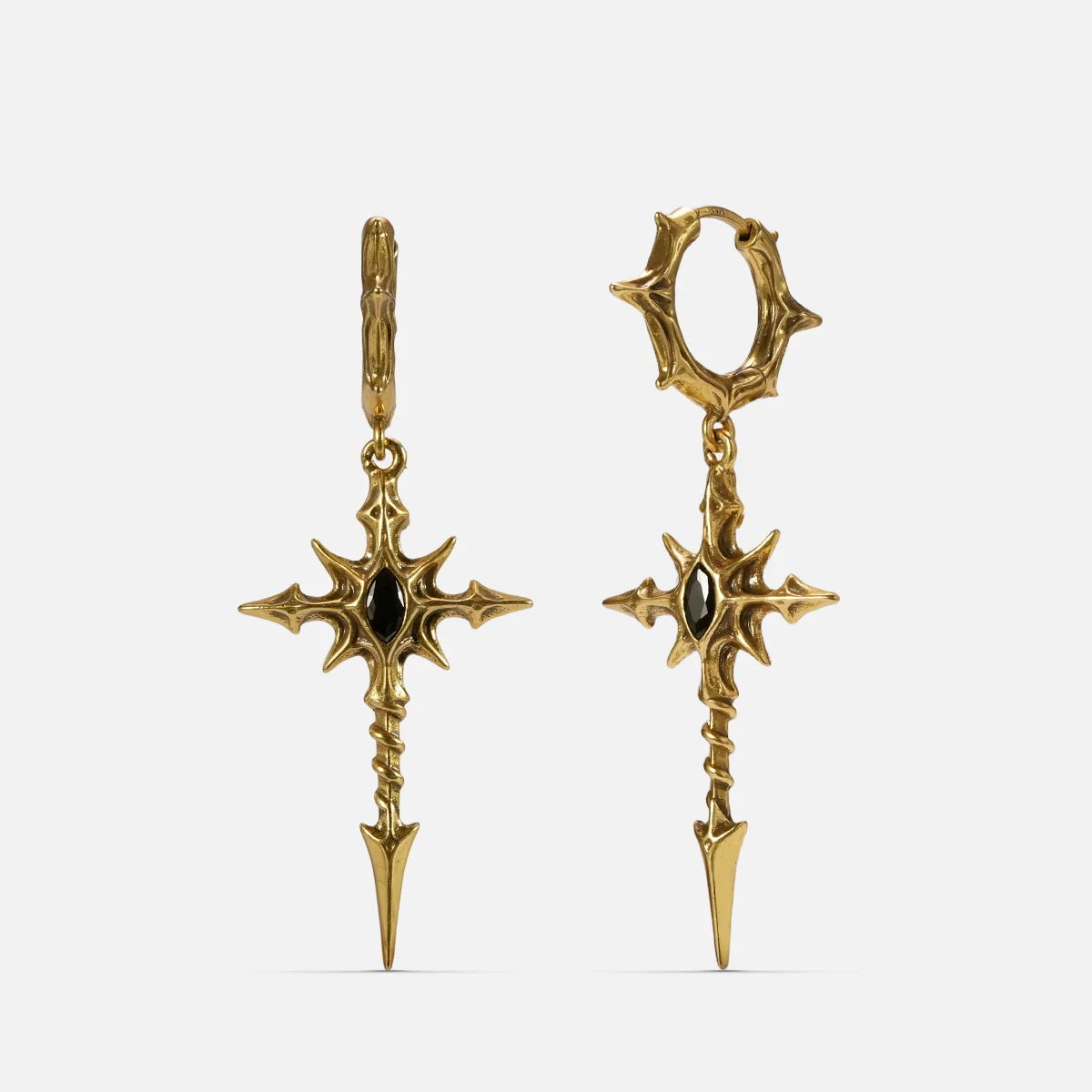 Pair of gold Longinus Blood Relic hoop earrings with ornate blade pendants