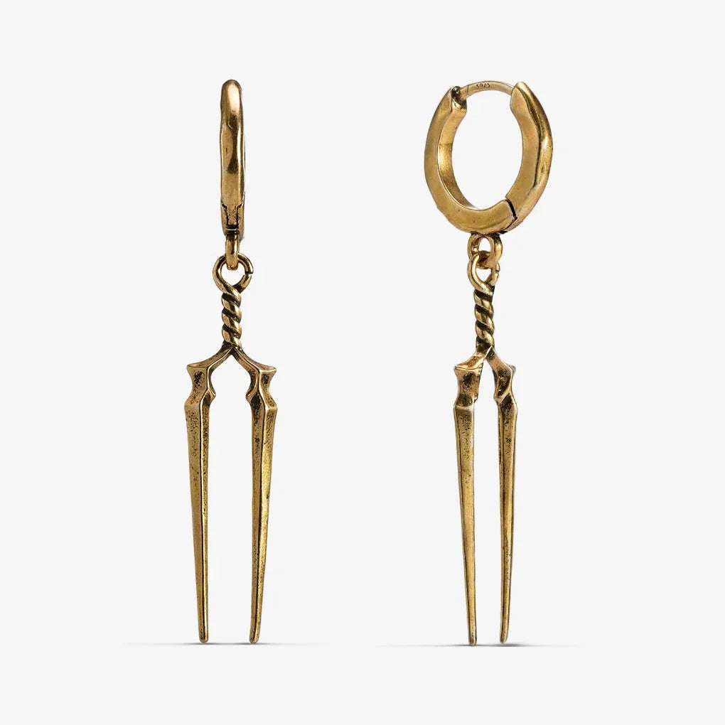 Pair of gold-tone Longinus Twin Spear hoop earrings shown from side and front with twin pointed drops