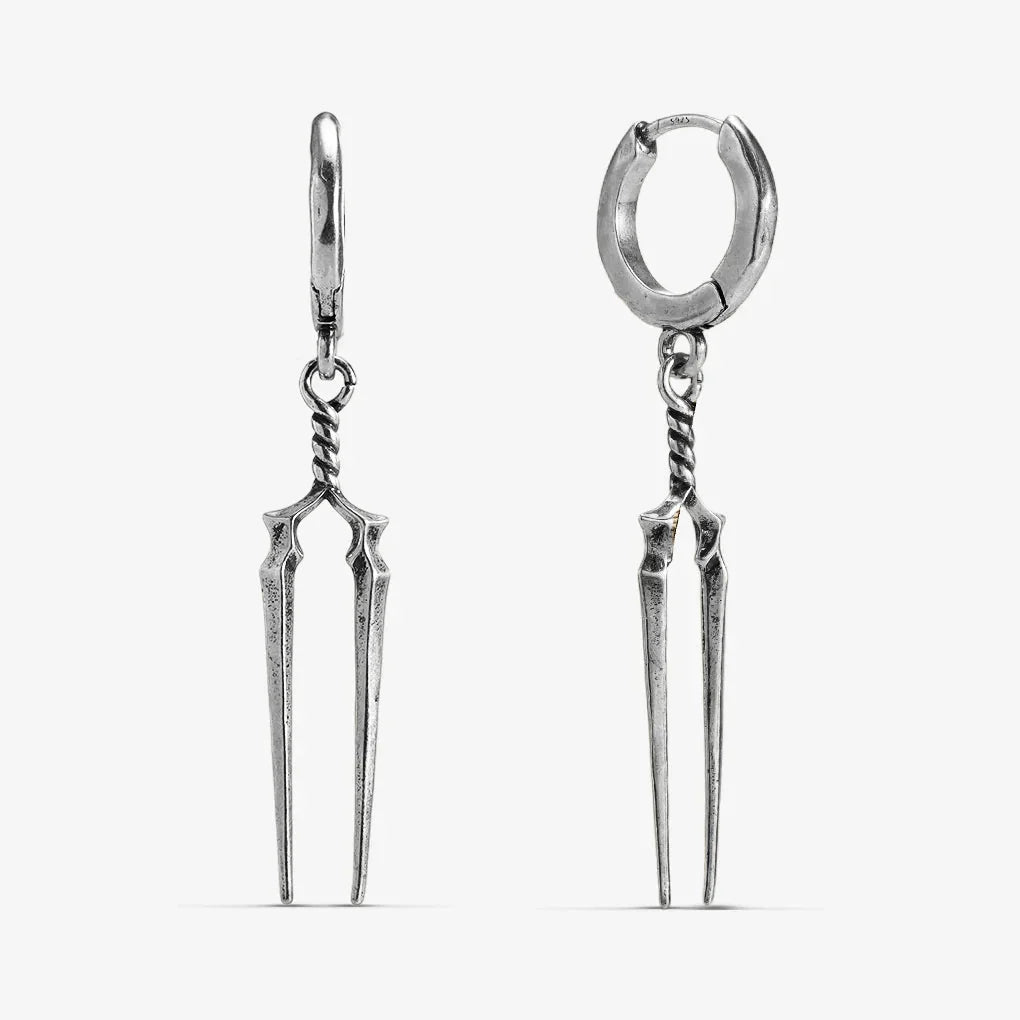 Silver-tone Longinus Twin Spear hoop earrings with paired long spear drops