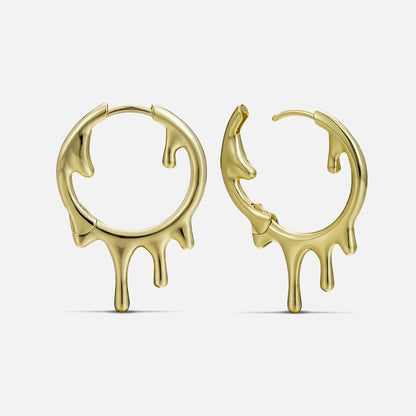 Gold-tone hoop earrings with a melted drip design, shown front and side view as a pair