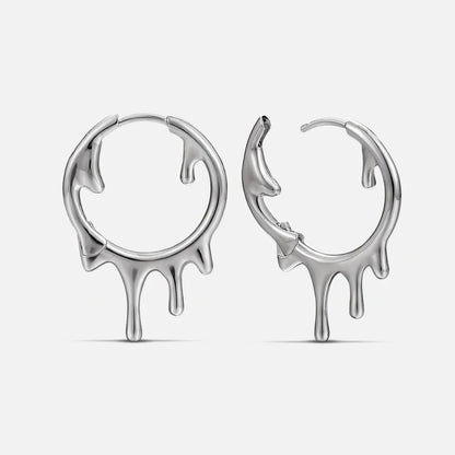 Silver-tone hoop earrings with a dripping melted design, shown front and side view as a pair