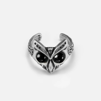 Owl Sentinel Rings in antiqued sterling silver with black obsidian stone eyes