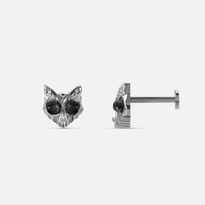 Silver Owl Skull Ear Studs with black obsidian eyes and polished titanium post backing