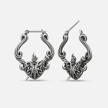 Pair of silver Passionate Heart hoop earrings with flame and scroll details