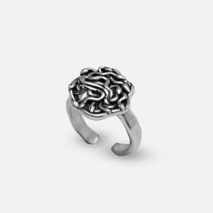 petrified gaze ring in silver shown in an angled view, featuring a medusa-inspired ring face with sculptural snake details