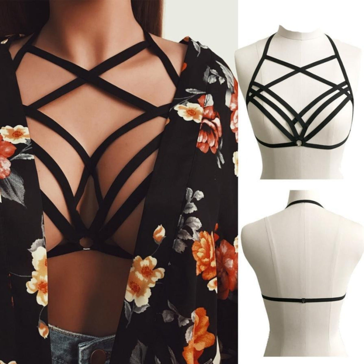 Cross Cage Harness Bra - alternate view, shown with a person (3 of 6)
