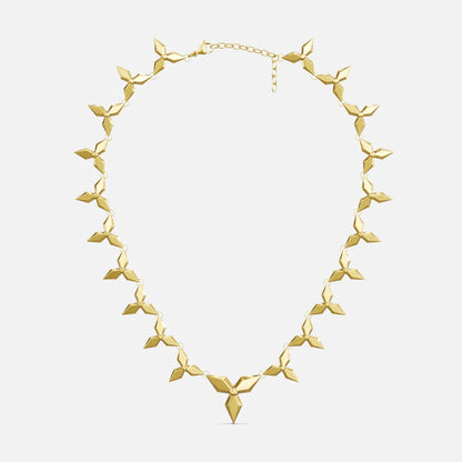 Gold-tone petal necklace with layered diamond-shaped links and a pointed pendant, laid flat