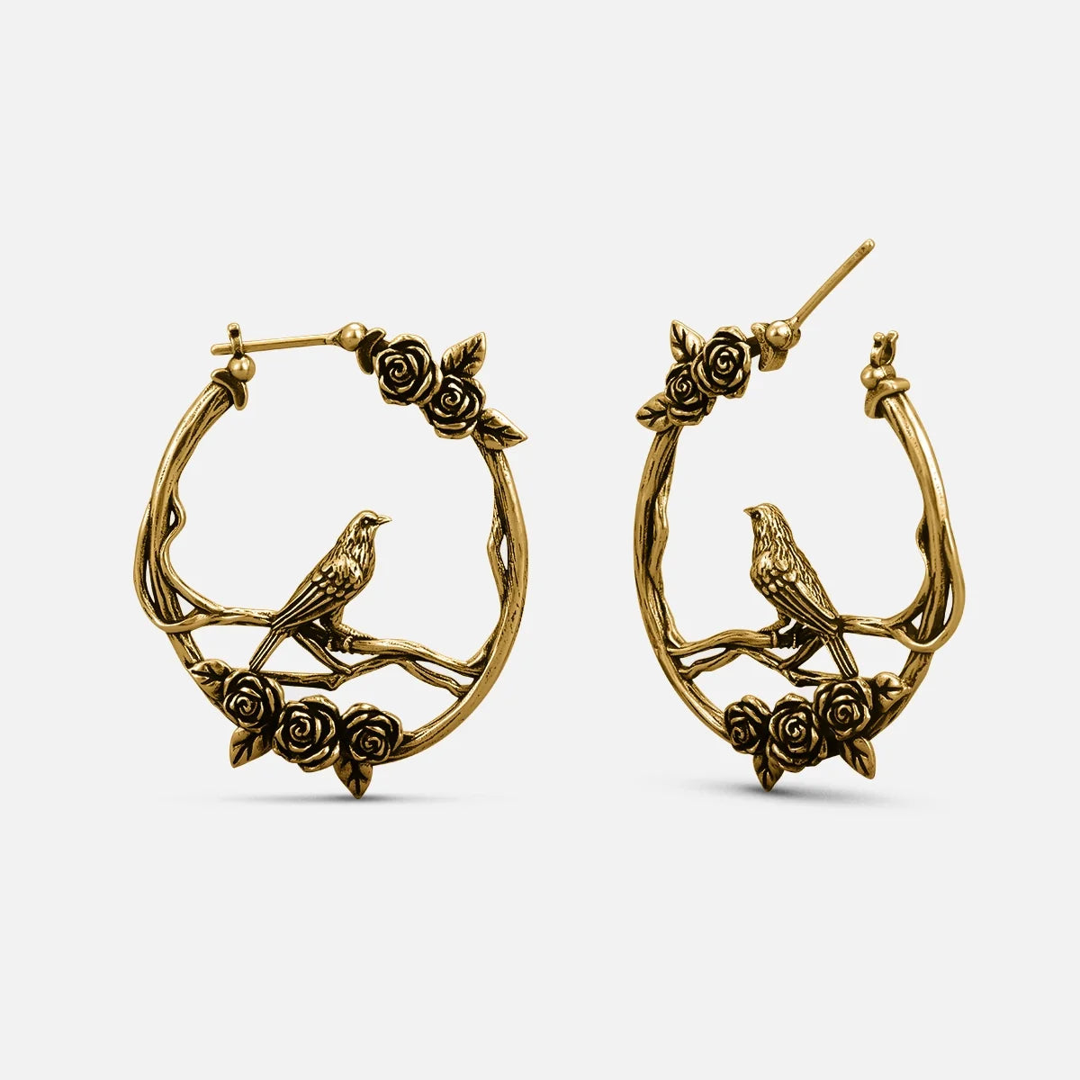 Pair of gold Rosebird hoop earrings with perched birds and rose details