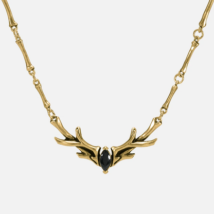 Sacred Antler Collar Necklace in 18K gold plating with obsidian center stone and sculptural antler design