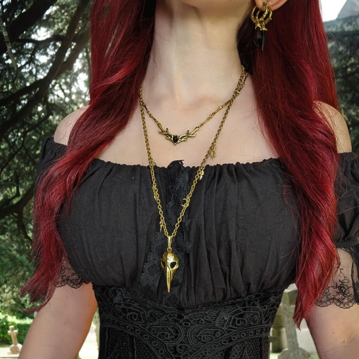 SACRED ANTLER COLLAR NECKLACE  (SILVER-OBSIDIAN)