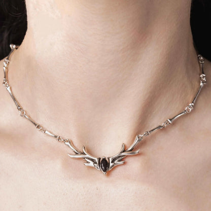 SACRED ANTLER COLLAR NECKLACE  (SILVER-OBSIDIAN)