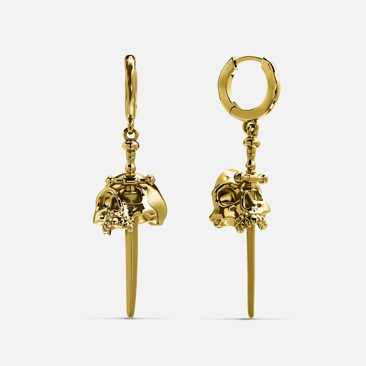 Gold-tone skull and dagger drop earrings with huggie hoops, front view pair