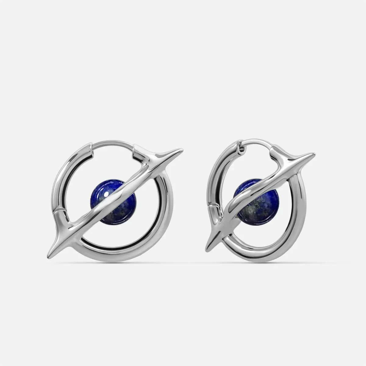 Stellar Axis Earrings in silver tone with lapis lazuli gemstone and orbital axis frame