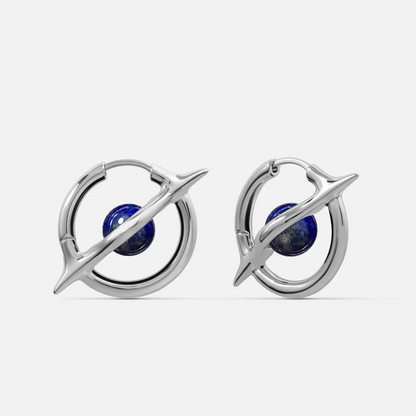 Stellar Axis Earrings in silver tone with lapis lazuli gemstone and orbital axis frame