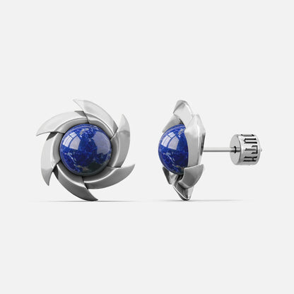 Silver-tone pinwheel stud earrings with a round blue stone, front and side view