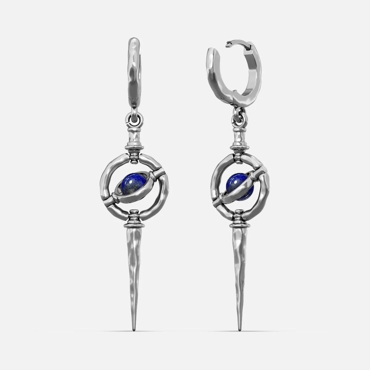 Silver-tone Stellar Orbit earrings with huggie hoops, orbit ring, blue stone center, and hammered spike drop