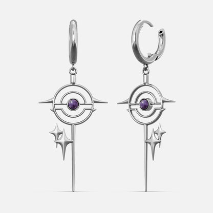 Pair of silver Stellar Path hoop earrings with orbit and starburst pendants