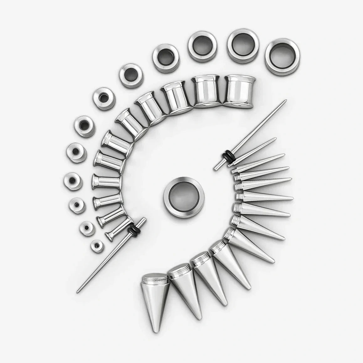 Stainless steel ear stretching kit with tapers, plugs, tunnels, and pointed expanders