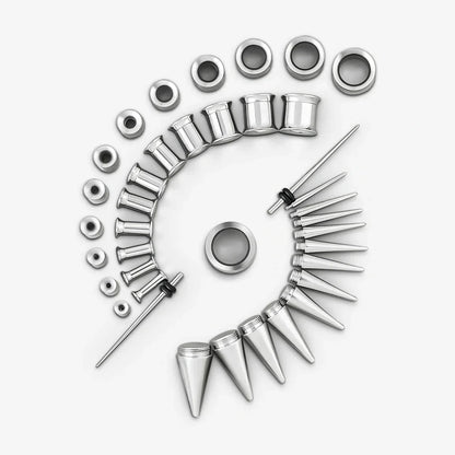 Stainless steel ear stretching kit with tapers, plugs, tunnels, and pointed expanders