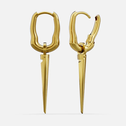 Pair of gold Tapered Edge hoop earrings with long narrow spike pendants