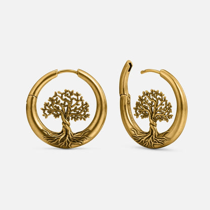 Gold-tone hoop earrings featuring tree of life design shown in front and side views