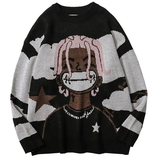 Men's Black Cartoon Character Knit Sweater - primary photo, shown with a person (1 of 2)