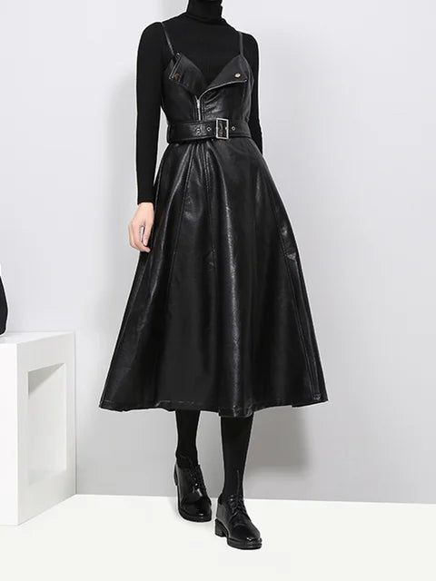 Women's Long Leather Dress Black - front studio view (1 of 4)