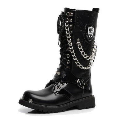 Men's Black Faux Leather Chain Combat Boots - front studio view (1 of 5)