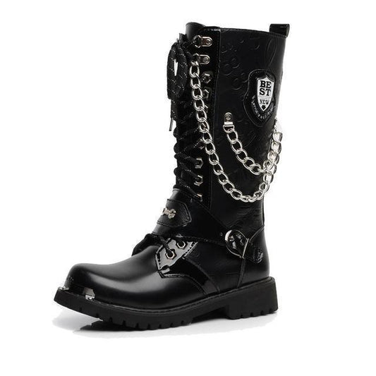 Men's Black Faux Leather Chain Combat Boots - front studio view (1 of 5)