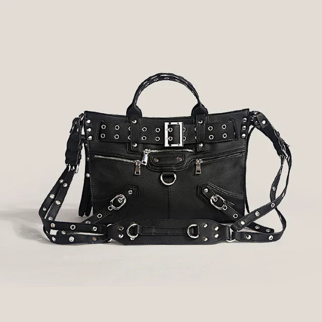 Women's Black Eyelet Buckle Faux Leather Handbag - front studio view (1 of 2)