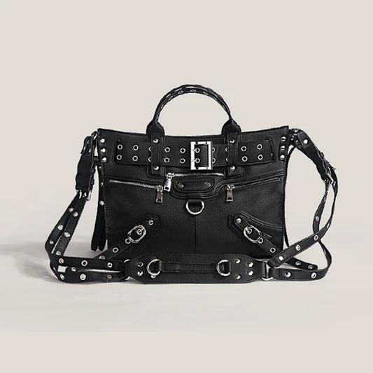 Women's Black Eyelet Buckle Faux Leather Handbag - front studio view (1 of 2)