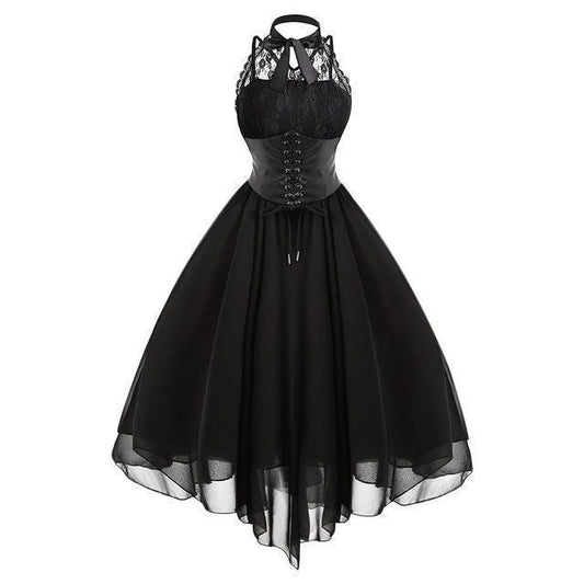 Women's Black Halter Lace Corset Midi Dress - front studio view (1 of 3)