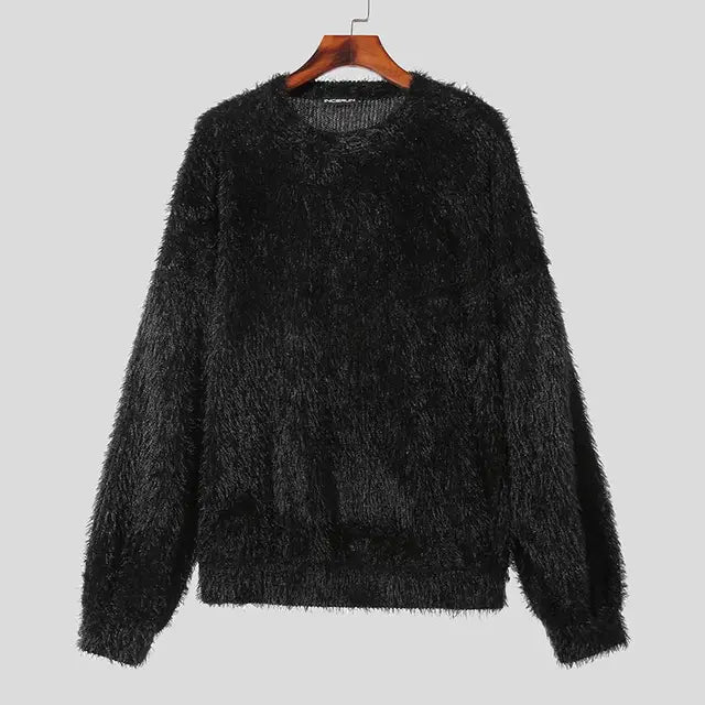 Black Red Shaggy Crewneck Sweater