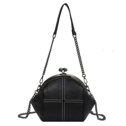 Black Kiss-Lock Cross-Stitch Shoulder Bag