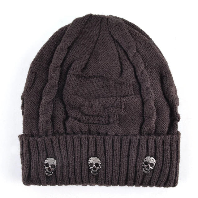Black Gray Knit Skull Stud Beanie