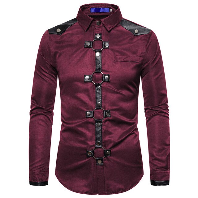 Men's Black Red Faux Leather Harness Shirt - alternate view, shown with a person (2 of 3)