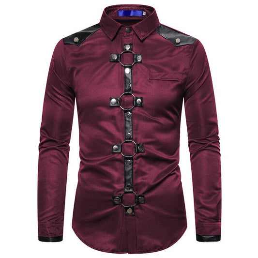Men's Black Red Faux Leather Harness Shirt - alternate view, shown with a person (2 of 3)