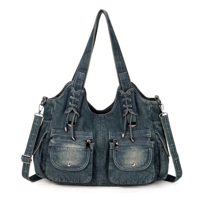 Women's Blue Denim Multi-Pocket Shoulder Tote - front studio view (1 of 2)