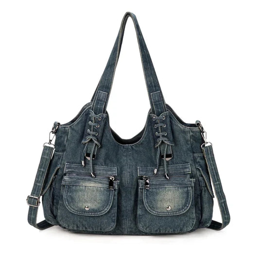 Women's Blue Denim Multi-Pocket Shoulder Tote - front studio view (1 of 2)