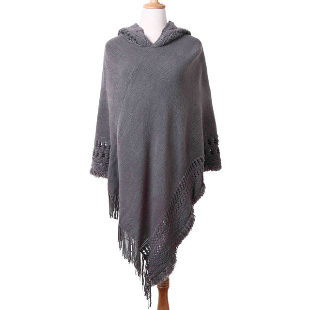 Women's Black Hooded Knit Fringe Poncho - alternate studio view (3 of 4)