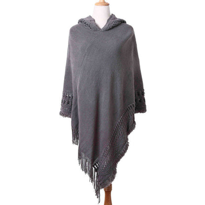 Women's Black Hooded Knit Fringe Poncho - alternate studio view (3 of 4)