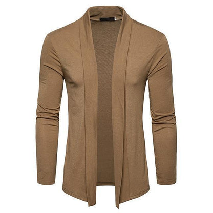 Men's Black Open-Front Shawl Knit Cardigan - alternate view, shown with a person (3 of 5)