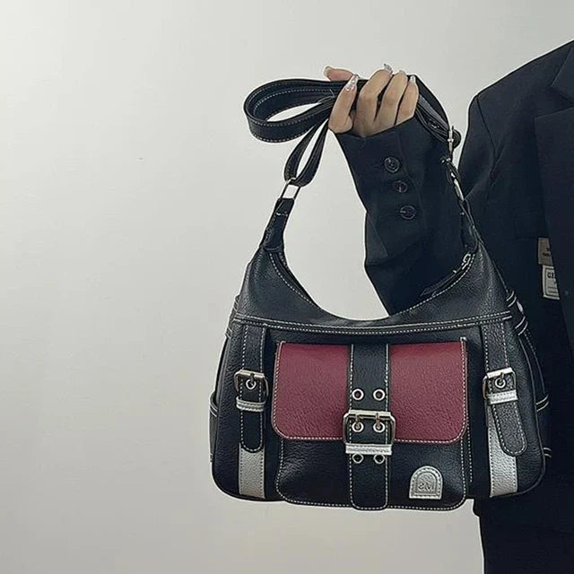 Black Burgundy Buckle Utility Bag