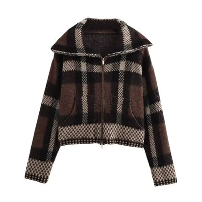 Women's Plaid Knitted Cardigan Brown
